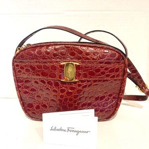Salvatore Ferragamo NWT leather crocodile-style shoulder bag maroon color